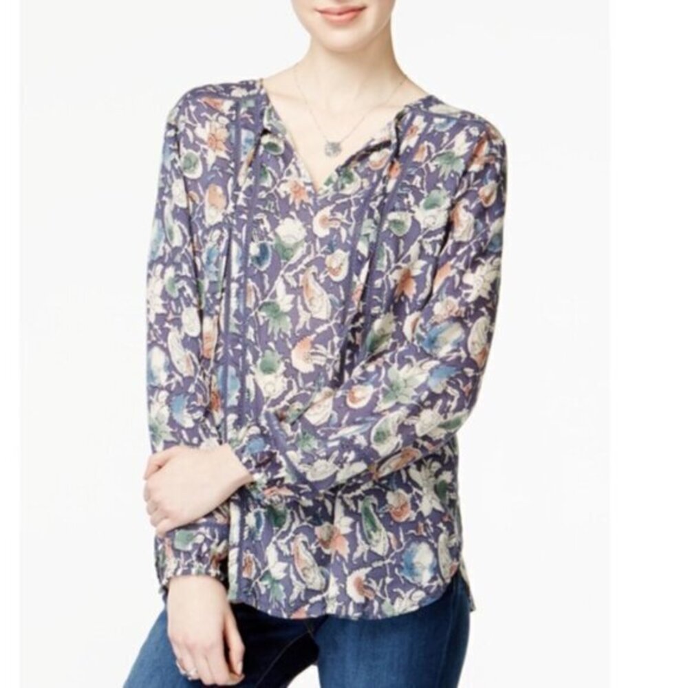 Lucky Brand Blue Floral Long Sleeve V-Neck Tie Peasant Blouse Size 2X EUC #6580